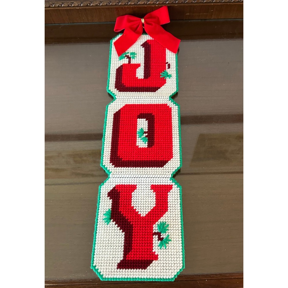 Vintage Handmade Needlepoint JOY Christmas Wall Hanging Plastic Canvas 19''